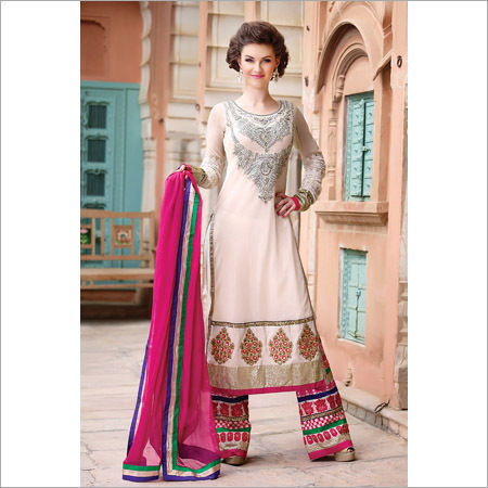 Cream Net Party Wear Anarkali Suits