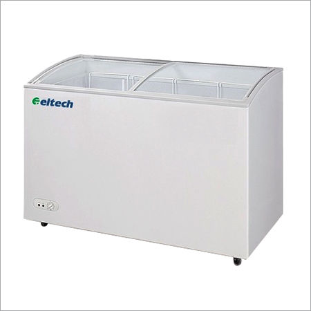 Commercial Chest Freezer - 298L Capacity, Curved Glass Door, Energy-Efficient Compressor, Universal Caster Wheels, Durable White Powder Coated Finish