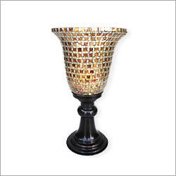 Brass Hurricane Candle Stand - 33 Cm Height | Polished Brass Finish, Gold Mosaic Glass, Artistic Design