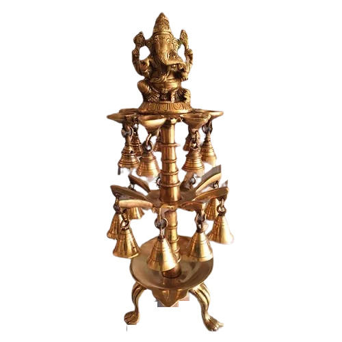 Brass Ganesha Sitting Oil Lamp With Bells Statue - Color: Gold