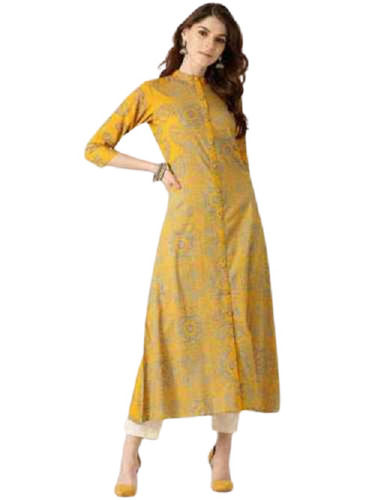 Yellow Fancy And Beautifully Daily Wear Printed Cotton Ladies Kurti With Pajama