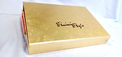 Antique Printed Dry Fruit Box - Rectangular, Soft Opaque Paper, Bright Yellow Finish | Eco Friendly Wedding Return Gift