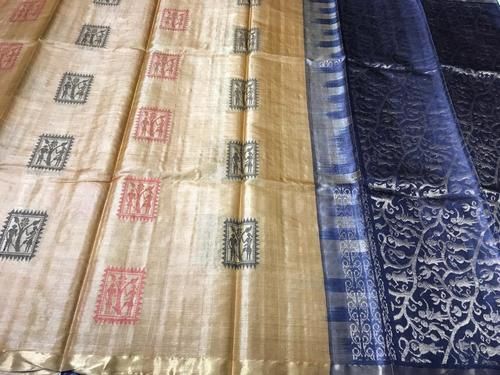 Exclusive Spl Pure Tussar Silk Hadloom Worli Weaved Real Gold Metal Jari Woven All Over Saree with Contrast Blouse