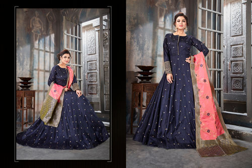 Fashion Mart Indo Western Party Wear Plain Silk Blue Gown For