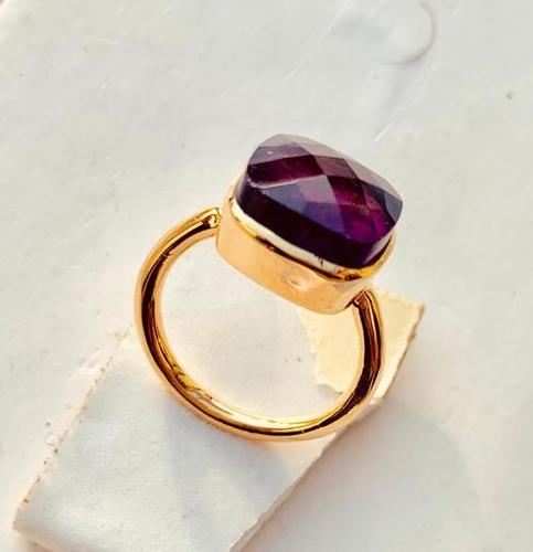 925 Solid Sterling Silver Gold Rhodium Platted Ring With Natural Amethyst Size: Any Size Available