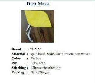 Dust Mask - 3 Ply and 4 Ply Spun Bond SMS Melt Brown Non Woven, Yellow Bulk/Singe Option