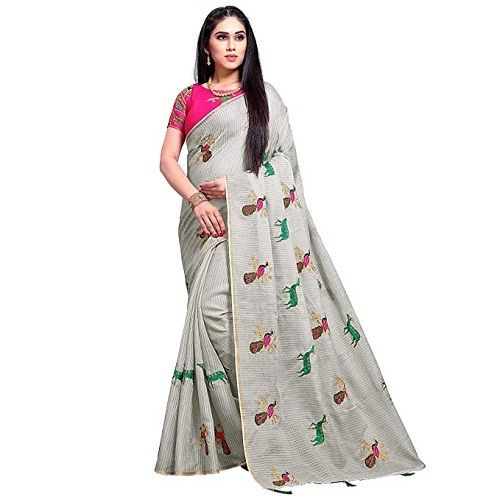 Grey Party Wear Patch Work Printed Cotton Fabric Silk Saree