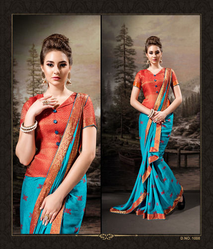 Red And Blue Women Saree With Digital Printed Blouse Piece