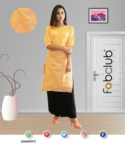 Cotton - Bust Size 38-44 Inch, Length 39 Inch | Trendy Orange Kurti with Golden Buttons and White Star Print, Casual Short Sleeves Design