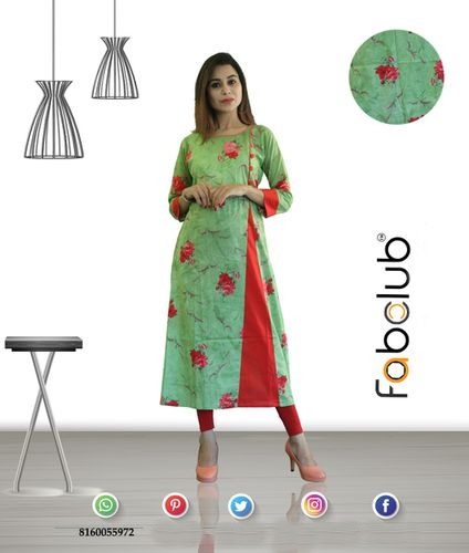 Fabclub कैम्ब्रिक कॉटन प्रिंटेड महिलाओं के लिए हल्का हरा A-लाइन कुर्ती बस्ट साइज़: 38 से 44 इंच (इंच)