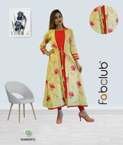 Fabclub कैम्ब्रिक कॉटन येलो और रेड प्रिंटेड श्रग स्टाइल लेडीज़ कुर्ती बस्ट साइज़: 38 से 44 इंच (इंच)