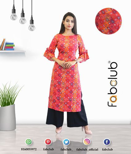 Fabclub Rayon Slub Beautiful Multicolor Straight Kurti - 3/4th Bell Sleeves, Round Neck, Trendy Casual Wear for Ladies