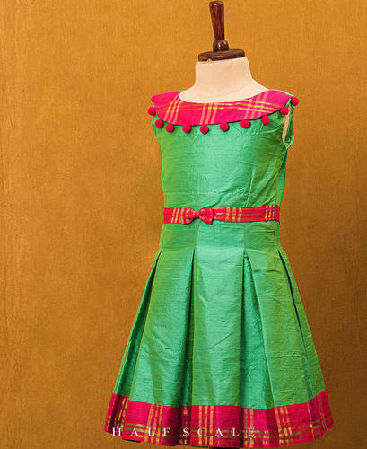 Box-Pleated Green Raw Silk Dress