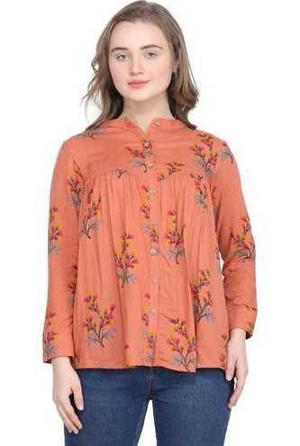 Peach Printed Women Western Cotton Top