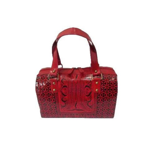 Ladies Designer Leather Handbags - Genuine Leather, Rectangular Shape, Red Color | Fashionable, Printed, Shiny Look with Double Handles