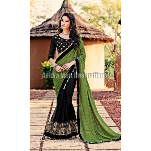 Party Wear Women Green And Black Indian Saree