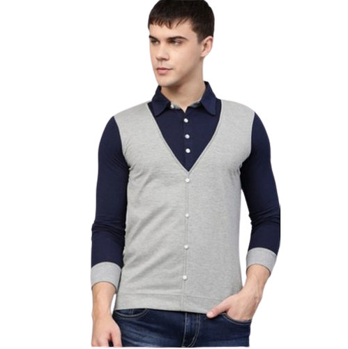 Men's Casual Henley T-Shirt - Cotton Sizes S to XXL Blue and Grey Color Full Sleeves Design