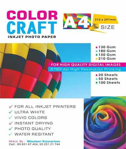 Photo Glossy White Paper 8.3 inchx11.7 inch A4 Size 20 Sheets Weight 180gsm. Dries Quickly Pictures Colors Print for All Inkjet Printer