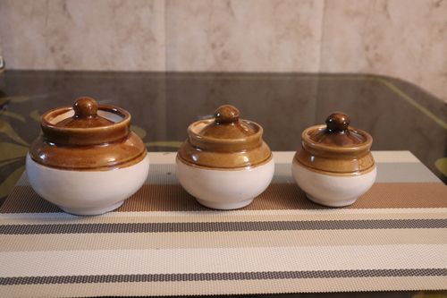 Brown White Ceramic Lid Container Handi Jars