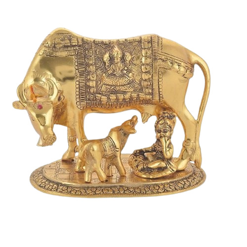Brass Kamdhenu Cow - 7 Inch, Multicolour Finish, Carved Professional Indian Design