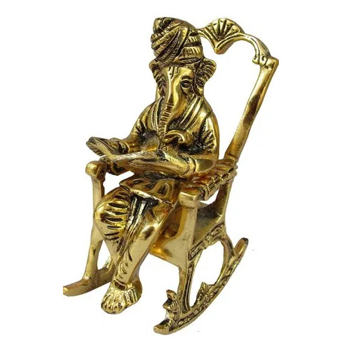 Brass Ganesh Statue - 8 Inch, Golden Gold Plated Finishing | Carved Indian Style Handicraft for Interior Decor