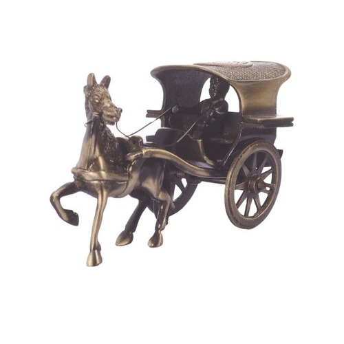 Brass Handicraft Horse Cart - 7 Inch , Golden Brass Finish with Carved Detailing