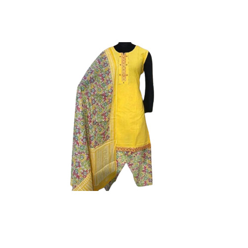 Ladies Yellow Printed Salwar Suit - Decoration Material: Laces