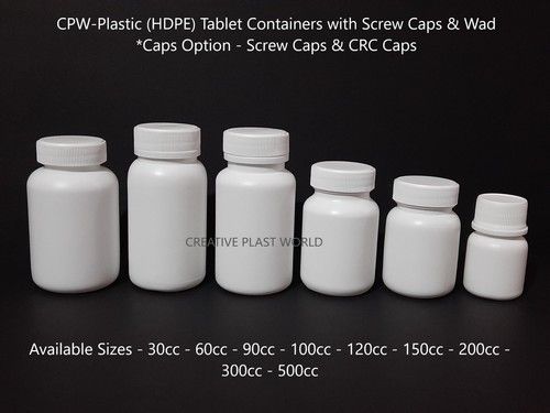 Round Shape White Plastic Tablet Container with Screw Caps and CRC Caps with Induction Wad Option