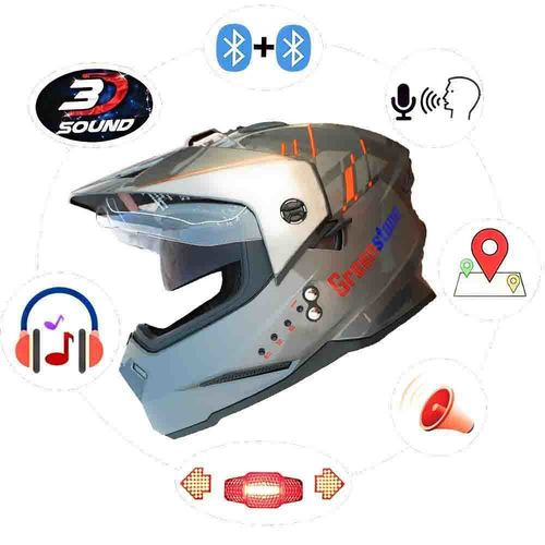मोटोक्रॉस ग्रीन स्टोन स्मार्ट ब्लूटूथ हेलमेट टर्न इंडिकेटर और ब्रेक लाइट के साथ