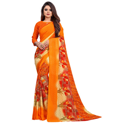 Printed Georgette Saree - Color: Orange