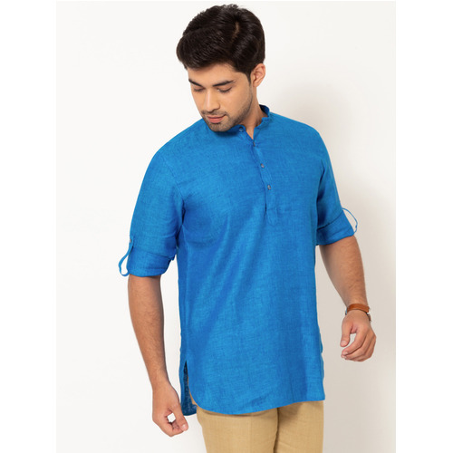 Men Azure Blue Linen Short Kurta - Color: Various Colors Are Available