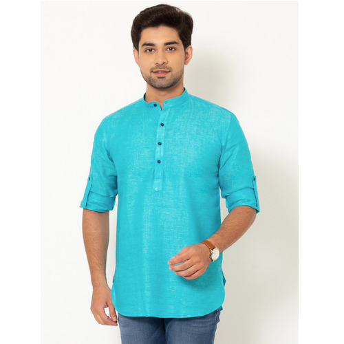 Men Turquoise Linen Short Kurta - Color: Various Colors Are Available