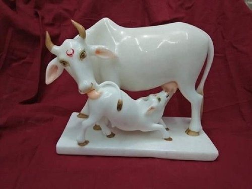Glossy White Makrana Marble Cow With Calf Statue
