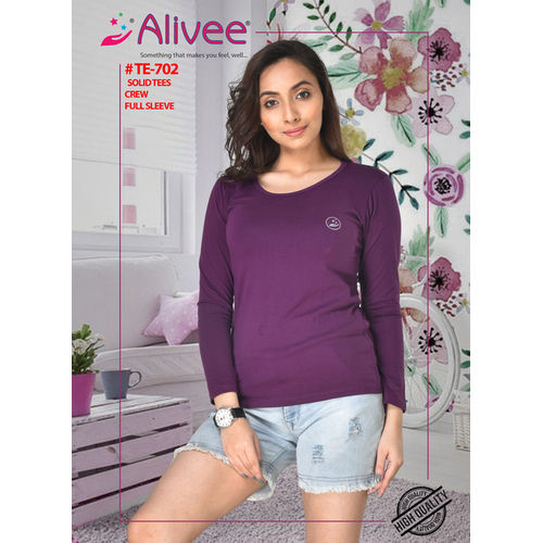 Multi-Color Full Sleeve Solid Tees Crew For Ladies