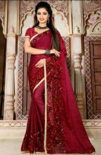 Red Machine Made Cotton Saree For Women