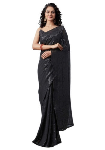 Black Attractive Pattern Sequence Saree With Blouse Piece