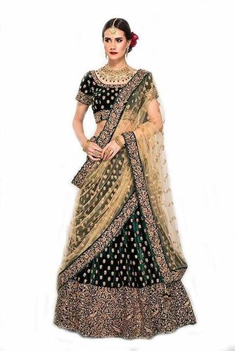 Green Heavy Tapeta Velvet Heavy Zari Embroidery Work Lehenga Semi-Stitch