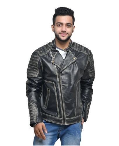 Men Black Leather Jacket  - Pattern: Plain