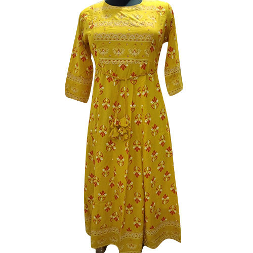 Breathable Designer Yellow Printed Ladies Long Anarkali Kurtis