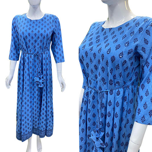 Blue Printed Casual Long Ladies Kurtis