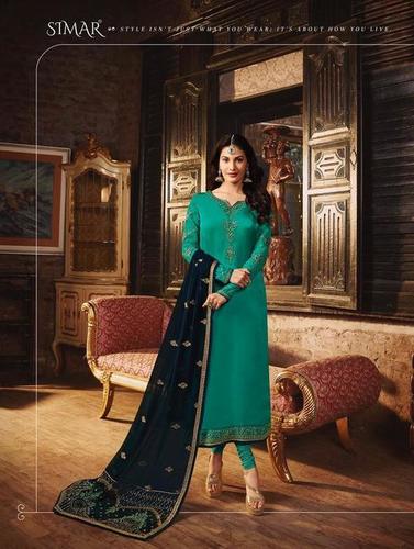 Green Glossy Simar Lajja 1878 Exclusive Satin Georgette Swarovski Work Salwar Suits