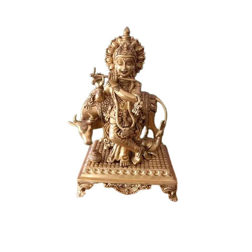 Brass Krishna Statue With Flute And Cow - Finishing: Gold