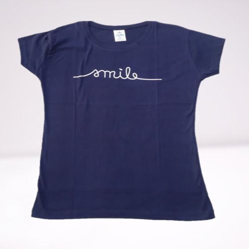 Plain Blue Round Neck Cotton Printed Ladies T Shirt