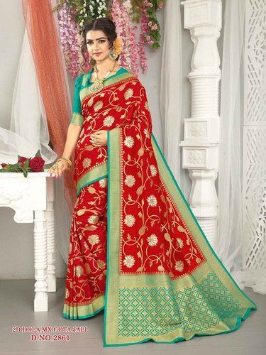 Red saree with golden green border - Sri Kumaran Stores