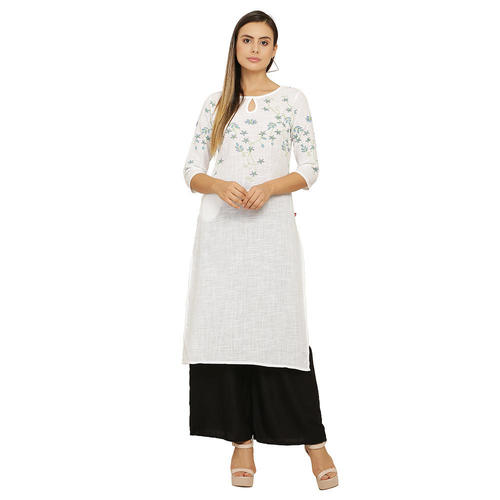 Summer Cotton White Embroidery Key Hole Neck Straight Kurti