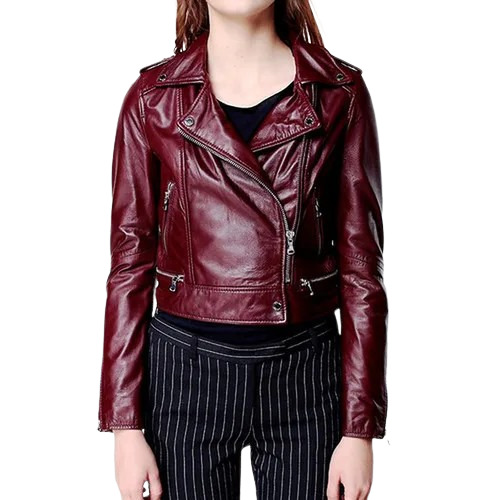 Women Pure Leather Biker Jacket - Fabric Type: Woolen