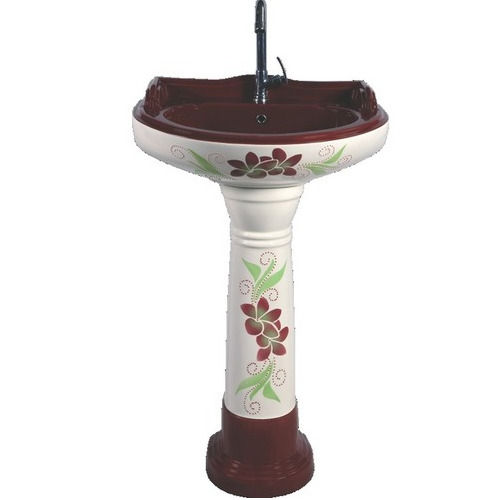 White Brown Printed Wash Basin Pedestal Premium Set