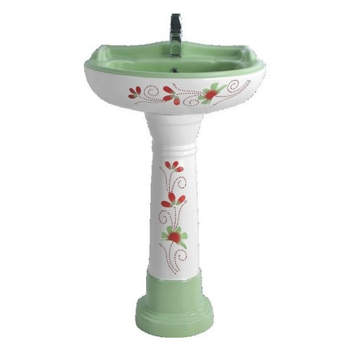 White Green Printed Wash Basin Pedestal Premium Set