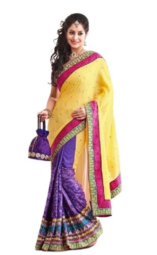 Embroidered Kundan Work Saree - Color: Yellow