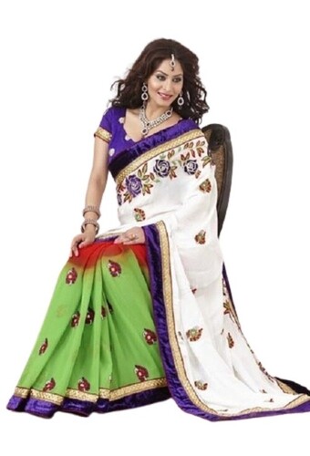 Kundan Work Embroidered Saree - Color: White